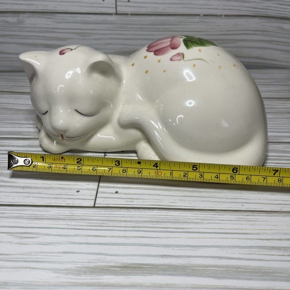 Vintage Hand Painted Pink Green Floral Ceramic Sleeping Cat Kitten - Picture 7 of 8